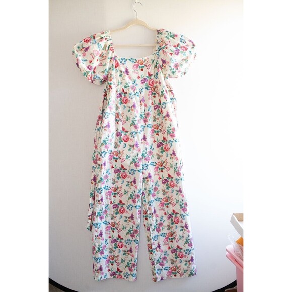 &merci white floral jumper puff sleeves cottage boho whimsy fairy ruched - Picture 1 of 9